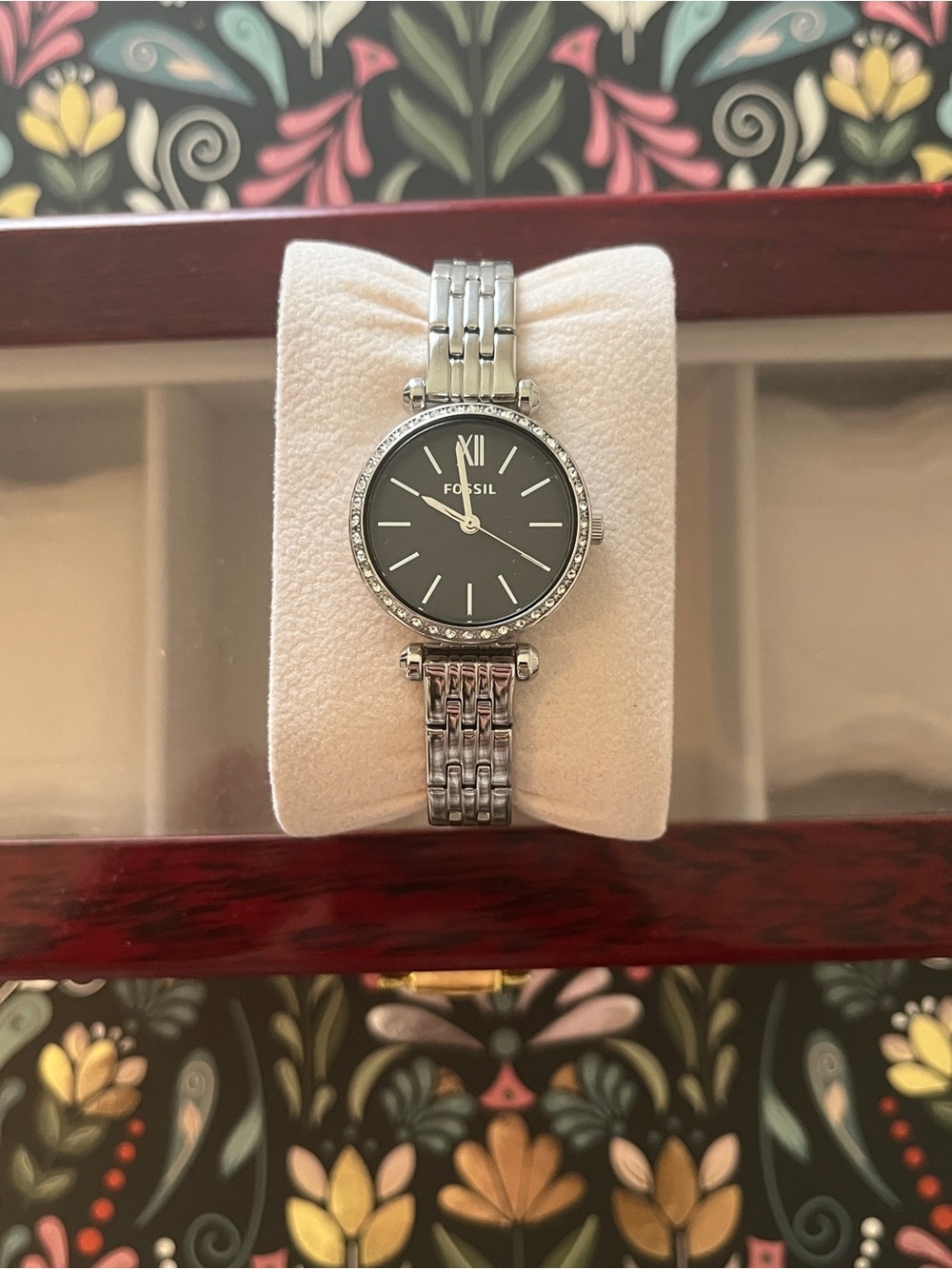 Fossil Silver Bracelet Watch with Black Dial and Crystal Bezel